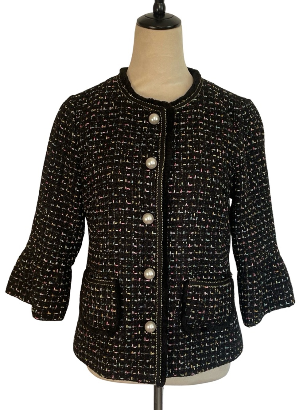 PATTY KIM Elegant. Black Tweed Pearl-Button Jacket w/Multicolor Flecks. Holiday